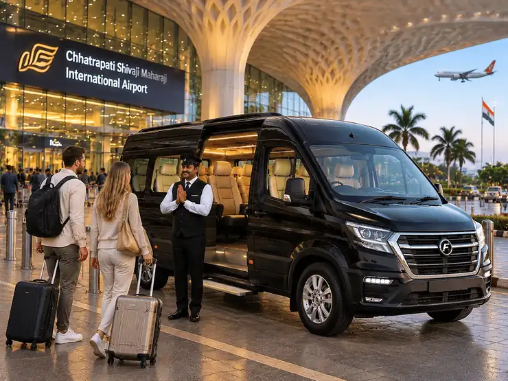 A Force Tempo Traveller driver greeting arriving travellers outside Chhatrapati Shivaji Maharaj International Airport in Mumbai