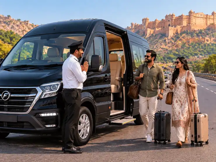 A Force Tempo Traveller parked near Amber Fort on the Delhi to Jaipur road trip
