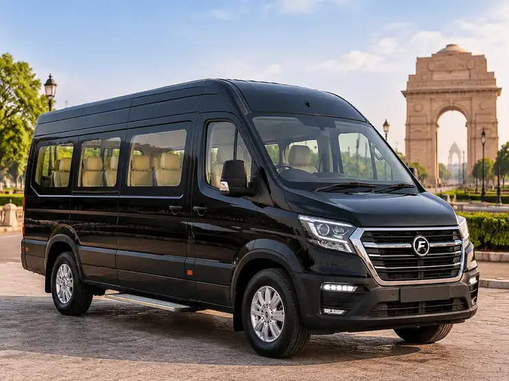 A family choosing between tempo traveller sizes with luggage beside the vehicle