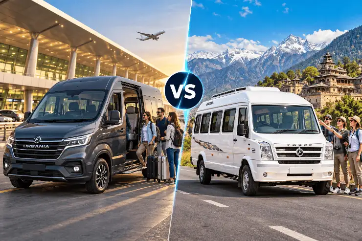 A Force Urbania premium van and a Force Tempo Traveller parked side by side to compare size and seating