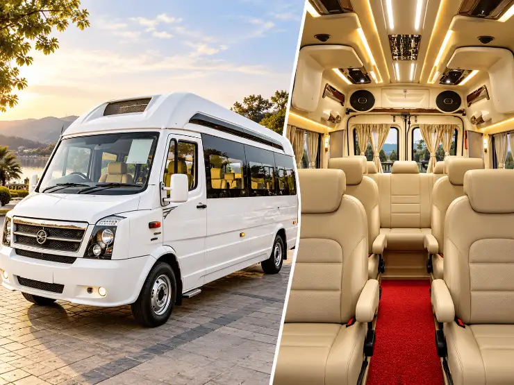 Interior of a Maharaja luxury tempo traveller with recliner seats and LED lighting