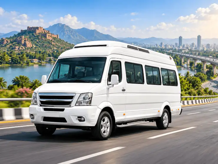A Force Tempo Traveller on a highway during an outstation trip