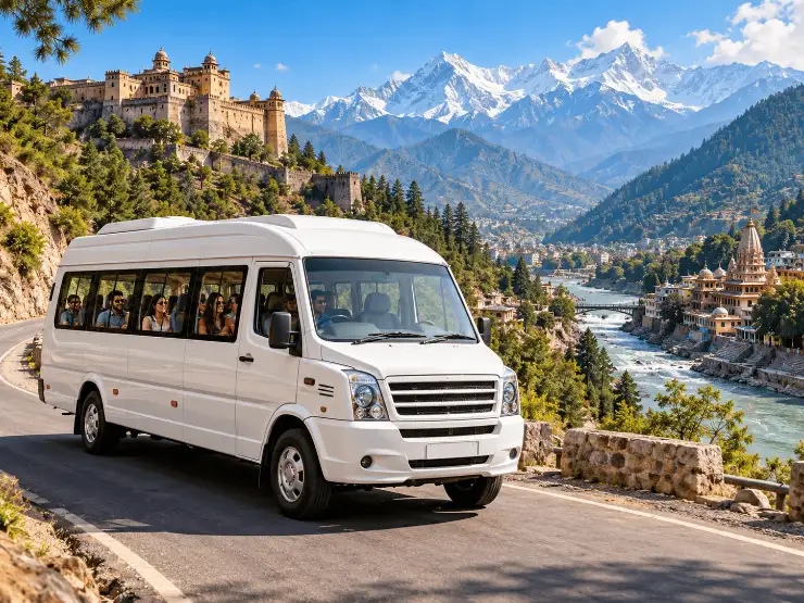 Travellers beside a Force Tempo Traveller, with north India destinations such as the Taj Mahal pictured around them