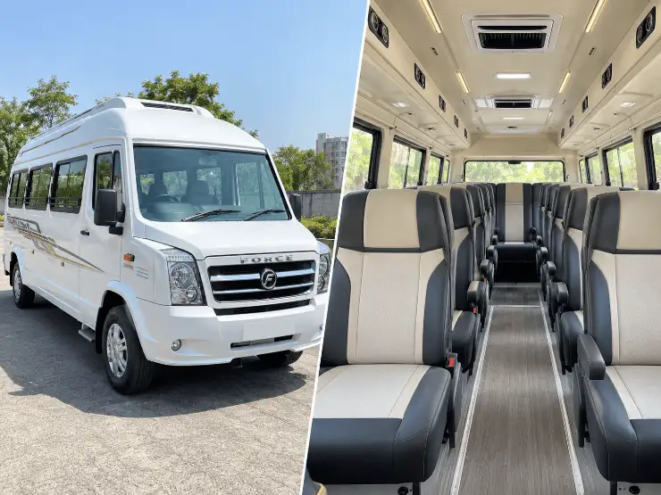 Force Tempo Traveller 17-Seater with driver, available for rent in Delhi, Jaipur, Agra and other Indian cities